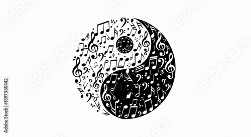 A stylized Yin Yang symbol created from a variety of black and white musical notes and symbols