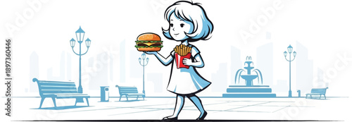 A stylized young woman walks in a city park holding a hamburger and a box of french fries