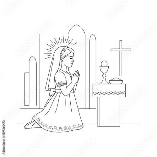 Young Girl Kneeling in Prayer During First Communion