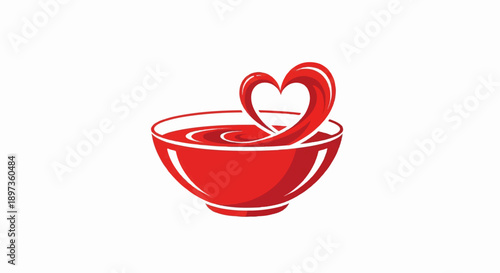 A vibrant red bowl filled with a swirling liquid, from which a heart shape gracefully rises