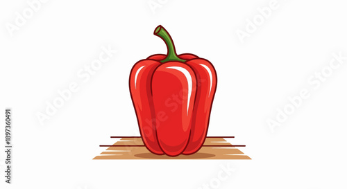 A vibrant red bell pepper with a green stem sits on a simple brown surface with a subtle shadow