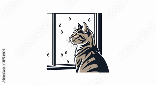 A tabby cat with striking yellow eyes looks out a window with raindrops on the pane