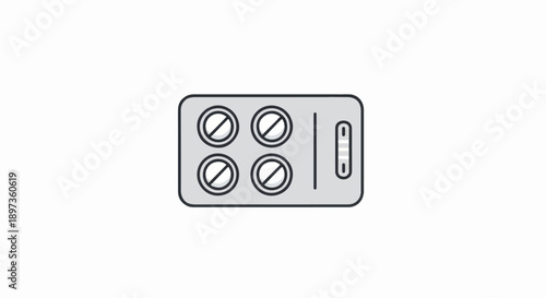 A gray blister pack with four white round pills and a small indicator, depicted in a minimalist style