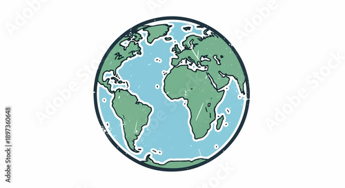 A textured, cartoon-style illustration of Earth showing Europe, Africa, and the Americas on a white background