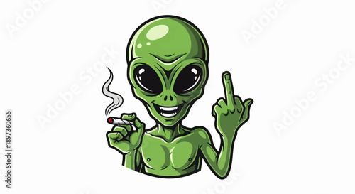 A green alien creature smiling, holding a lit joint, and making an offensive hand gesture