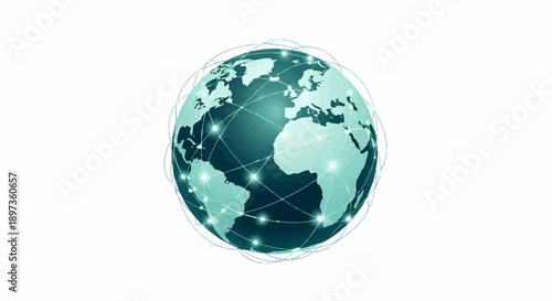 A teal and blue globe with an interconnected network of lines and glowing points, symbolizing global communication