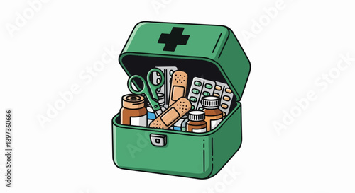 A green first aid kit box, open and filled with bandages, medicine bottles, pills, and scissors