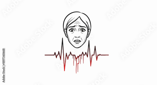 A terrified person's face is depicted above a red ECG line, featuring a dripping blood effect