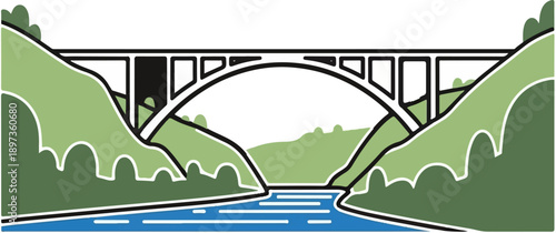A simple vector illustration of a sturdy bridge arching over a flowing river, surrounded by green hills
