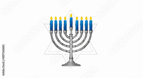 A grey candelabrum with nine lit blue candles, centered on a faint star outline on a white background