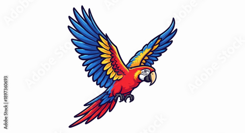 A vibrant, colorful illustration of a macaw parrot in flight with outstretched wings on a white background