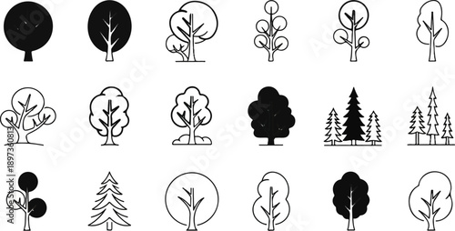 A grid of diverse tree icons, featuring various styles, shapes, and fill types in black and white