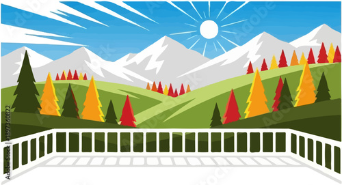 A vibrant flat-design illustration of a mountainous landscape with colorful trees and a balcony in the foreground