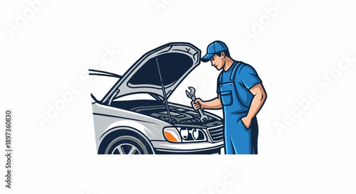 A skilled mechanic in blue overalls and cap holds a wrench, inspecting a white car's open engine bay
