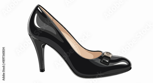 A sleek black patent leather high-heeled pump shoe with a decorative buckle, against a white background