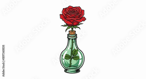 A vibrant red rose with green leaves and stem, sealed within a clear glass bottle with a cork stopper