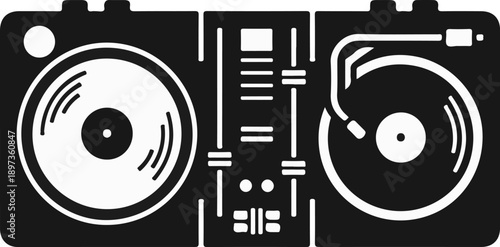 A sleek black and white icon depicting a dual turntable DJ mixer setup with a central control panel