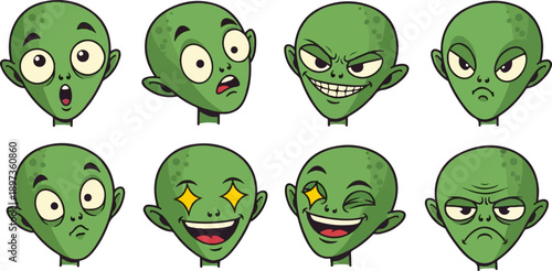A grid of eight cartoon green alien or goblin heads displaying a range of different human emotions