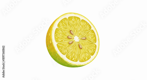 A vibrant, freshly sliced citrus fruit half, showing juicy pulp, seeds, and water droplets on its peel
