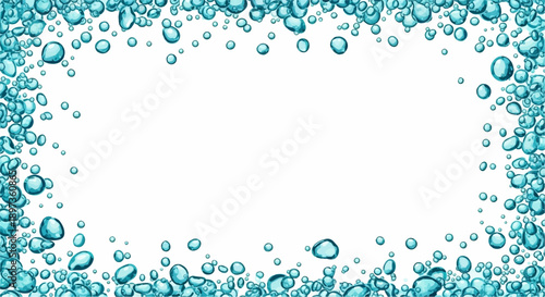 A vibrant frame of numerous blue-green water bubbles of various sizes surrounds a clean white space