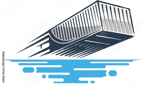 Abstract illustration of a shipping container moving rapidly over stylized blue water. Dynamic lines