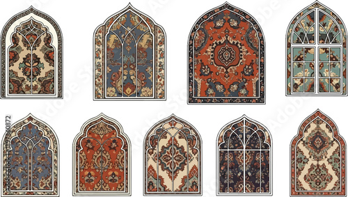 A grid of eight ornate arched window designs featuring intricate Persian rug patterns in rich earthy colors