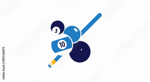 Abstract illustration of billiard balls (3, 10, partial) and a pool cue on white background