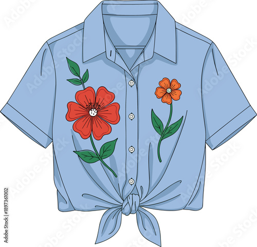 Blue floral women blouse illustration with tied front detail, summer casual fashion top featuring decorative flowers, feminine modern apparel isolated on white background