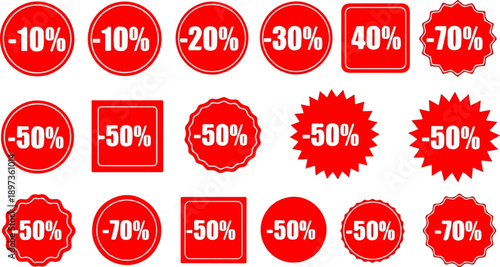 A grid of various red promotional discount labels and tags featuring percentage reductions for sales events