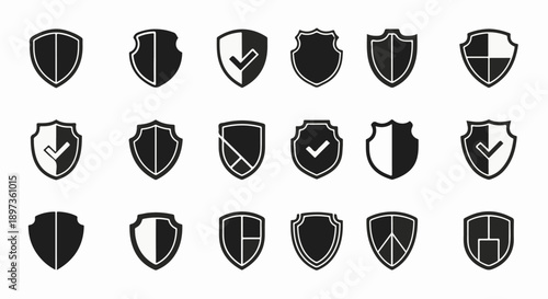 A grid of various black and white shield icons, some with checkmarks, illustrating security and protection