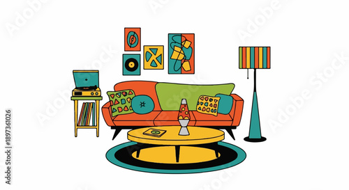 A vibrant, retro-themed illustration of a living room with a sofa, coffee table, lava lamp, and record player