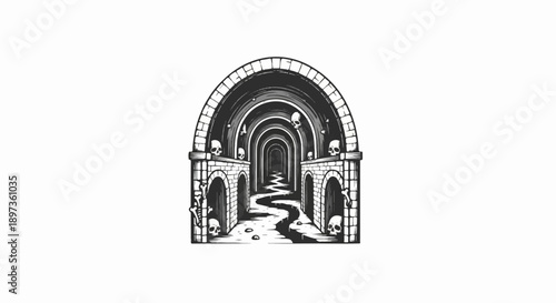 A grim, arched dungeon tunnel illustration with skulls, bones, and a winding path, rendered in black and white