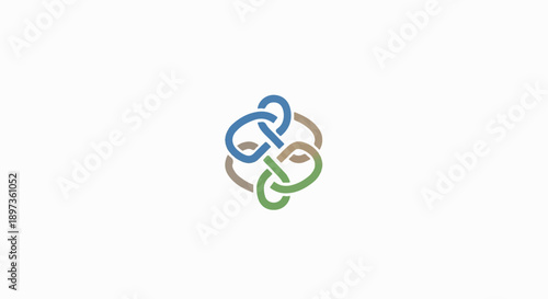 Abstract interwoven knot pattern in blue, brown, and green on a clean white background