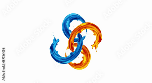 Abstract intertwining blue and orange paint splashes creating a dynamic, textured loop design