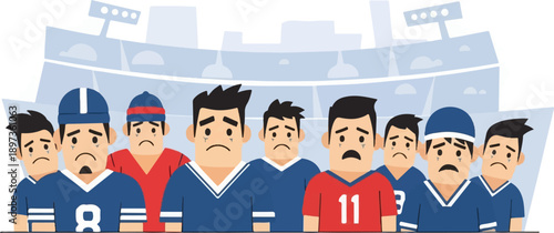 A group of despondent male sports fans or players with tears on their faces, standing before a stadium