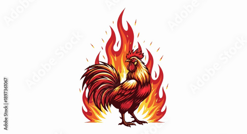 A vibrant rooster with rich red and gold feathers stands amidst fiery red and orange flames