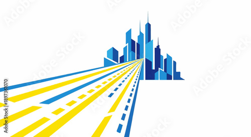Abstract blue and yellow roads converging towards a modern cityscape silhouette on a white background