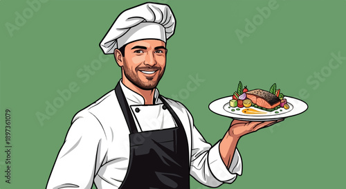 A smiling male chef in a hat and apron presents a beautifully plated salmon dish with vegetables