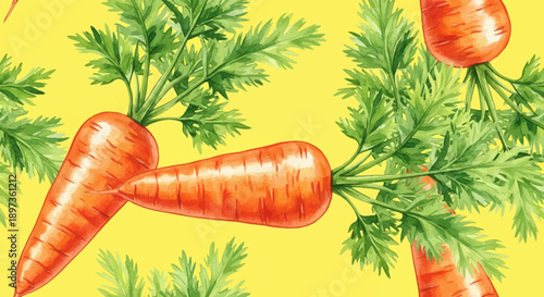 A vibrant, seamless watercolor pattern featuring several fresh orange carrots with green leafy tops on a bright yellow background