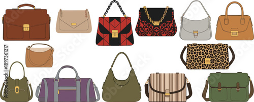 Collection of stylish handbags and purses illustration featuring modern designs textures and patterns, fashion accessories set for women isolated on white background