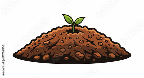 A vibrant green seedling with two leaves emerges from a textured brown mound of soil on a white background