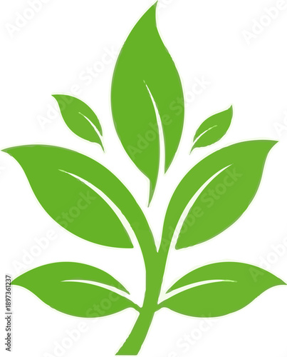 A vibrant green plant graphic with multiple leaves sprouting from a central stem, against a white background