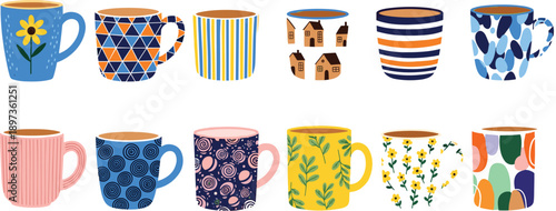 Colorful collection of patterned coffee mugs and cups, modern ceramic drinkware set with playful designs, kitchen decor illustration isolated on white background