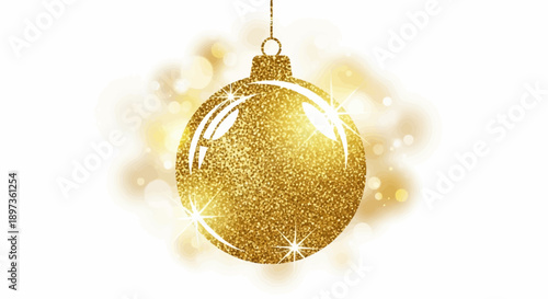A sparkling golden glitter Christmas ornament with bright highlights, suspended against a shimmering bokeh background