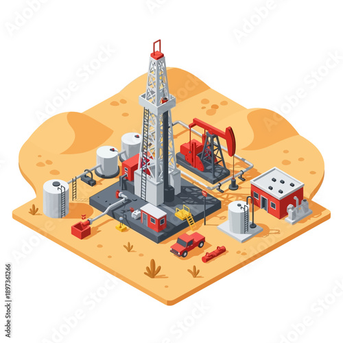 Isometric Oil Drilling Rig and Pump Jack in Desert Landscape.