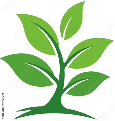 A vibrant green stylized plant illustration with multiple leaves sprouting from a central stem and roots