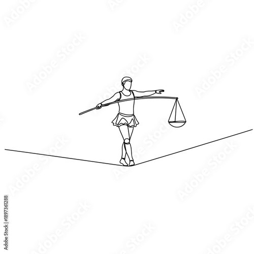 Single continuous line man balancing on unicycle vector illustration isolated on white background