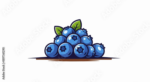 A vibrant, stylized illustration depicts a fresh, plump pile of blue blueberries with green leaves and dark stems