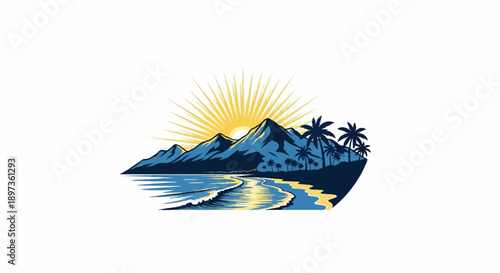 A vibrant, stylized illustration featuring mountains, palm trees, a sandy beach, and an ocean with a radiant sun