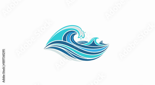A vibrant, stylized graphic depicting ocean waves in various shades of blue and white, with a frothy crest